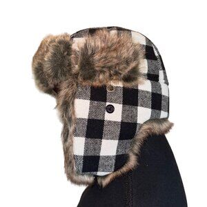 NWT Wild Wear Faux Fur Trapper Hat Black White Plaid Unisex One Sz Fits Most